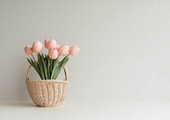Eco-Chic Easter Elegance Soft Pink Tulips in Woven Basket - Modern Spring Office Decor and Mothers Day Styling for Contemporary Workspace Aesthetics