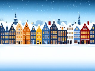 Charming winter cityscape featuring snow covered rooftops and classic European architecture under a starry sky for seasonal and travel themes