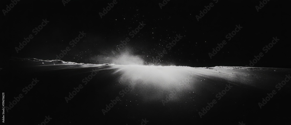 Poster Fine dust particles illuminated against a black background creating an atmospheric haze