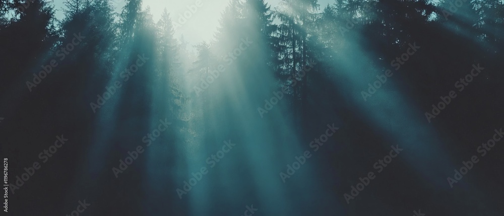 Aufkleber Fine dust particles illuminate the atmosphere creating a subtle and ethereal haze in a forest setting