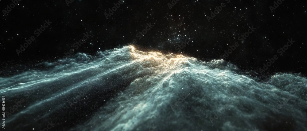 Poster Illuminated dust particles create a mesmerizing atmospheric haze against a black background