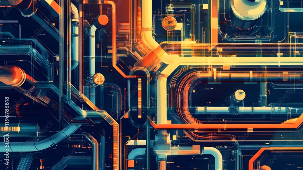 Poster a colorful image of pipes and wires that looks like a computer generated drawing. scene is futuristi