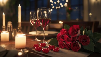 A Valentines rose bouquet placed on a romantic dinner table with wine glasses, candles, and heart-shaped decorations.