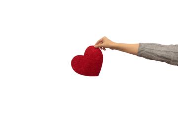 Female hands in a gray sweater hold a red shiny heart. Template for designers, white background