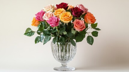 Fototapeta premium A vibrant bouquet of mixed-colored roses, arranged with green leaves and placed in an elegant crystal vase.
