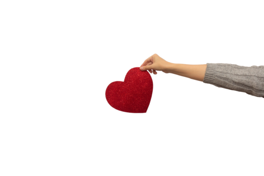 Female hands in a gray sweater hold a red shiny heart. Template for designers, white background