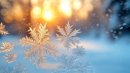 Intricate Ice Crystals on Windowpane at Sunset: A Serene Winter Scene