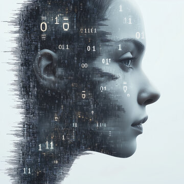 Digital Identity: An abstract portrait of a woman's profile overlaid with a wave of binary code, evoking a sense of mystery and the blurred boundaries between the physical and digital realms.