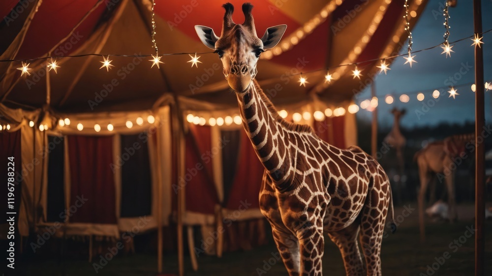 Aufkleber a giraffe stands under a circus tent adorned with string lights, creating a whimsical atmosphere.