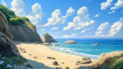 Fototapeta premium view of the beach from the top of the hill with rocks and blue sky.