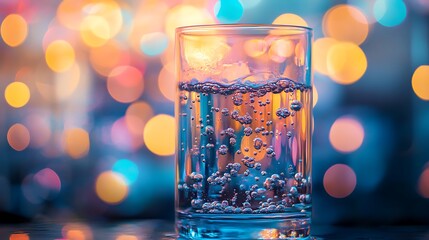 Effervescent tablet in a glass of water creating vibrant bubbles and swirling patterns under soft lighting capturing a fresh scene