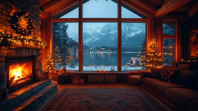 Cozy living room with Christmas decorations and snowy mountain lake view through large windows seamless looping 4k time-lapse animation video background