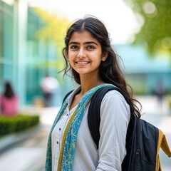Young indian college girl standing at college campus