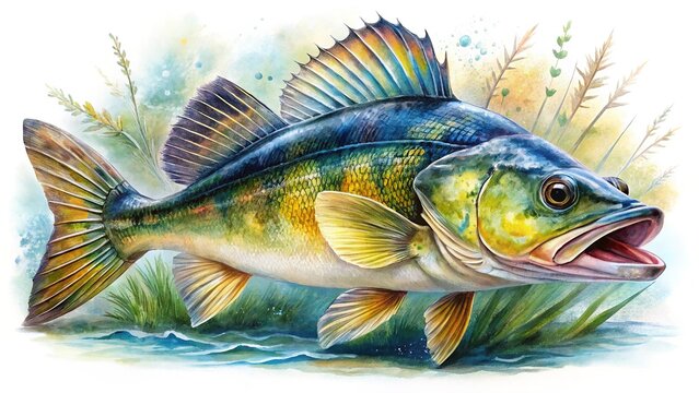 Watercolor Walleye Fish, Transparent Background - Stock Photo