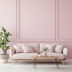Modern living room with Soft pink walls and sofa interior design, empty room, copy space background