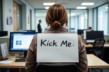 Office Worker with Kick Me Sign on Back Humorous Workplace Scene Rear View