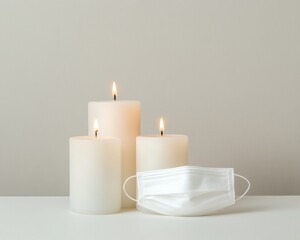 Modern Minimal Memorial National COVID-19 Day Candles with Mask on Pristine White Surface - Spring Reflection and Wedding Season Design for Thoughtful Event Planning