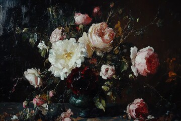 Exquisitely Painted Roses in Teal Vase