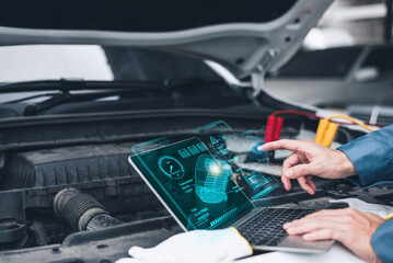 Generated imagA mechanic uses advanced diagnostic software on a laptop to analyze an electric vehicle engine under the open hood in a workshop.
e