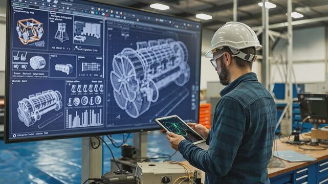 A focused engineer in a hard hat examines blueprints displayed on a large screen in a modern industrial workspace, symbolizing innovation, problem-solving, and technical expertise.