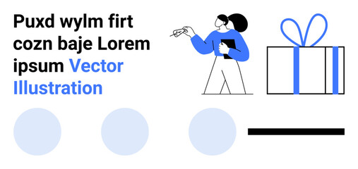 Cartoon character holding clipboard and pointing, gift box tied with a ribbon, placeholder text, and circles. Ideal for marketing, instruction, education, social media, communication presentations