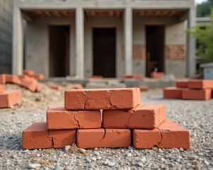 Bright red bricks stacked on a gravel base in front of a semi-finished building. Generative AI