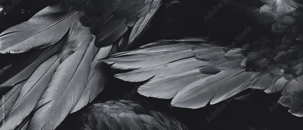 Poster swirling dark feathers create a dramatic visual against a deep black background