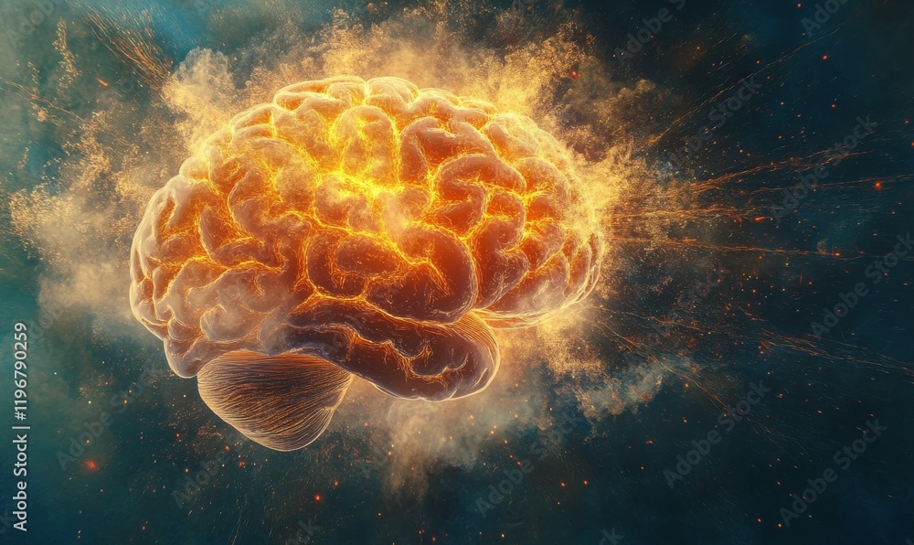 Poster brainwave symphony, concept art of a human brain exploding with knowledge and creativity.