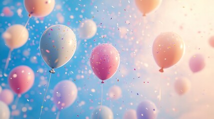 Colorful balloons float in a bright sky, creating a festive atmosphere during a celebration