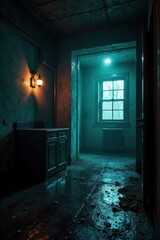 Obscured room, heavy metal accents, deep shadows, dark atmosphere, interior design, background