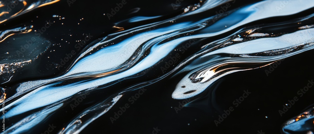 Poster Swirling metallic patterns of liquid mercury create captivating fluid motion against a dark backdrop