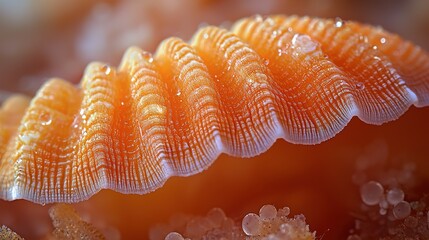 Intricate Orange Marine Organism with Ribbed Texture and Glistening Droplets in Close-up