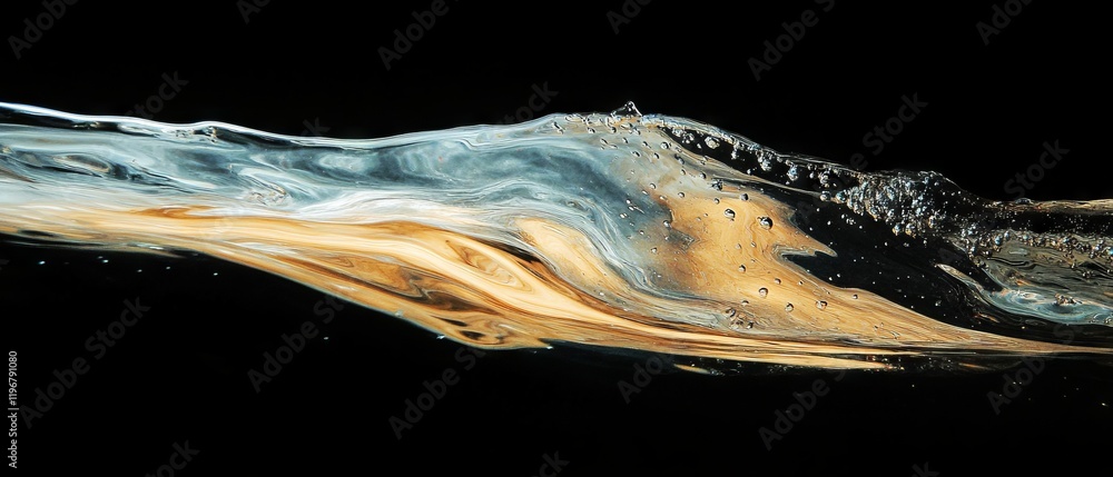 Poster swirling mercury creates mesmerizing metallic patterns against a black backdrop in fluid motion