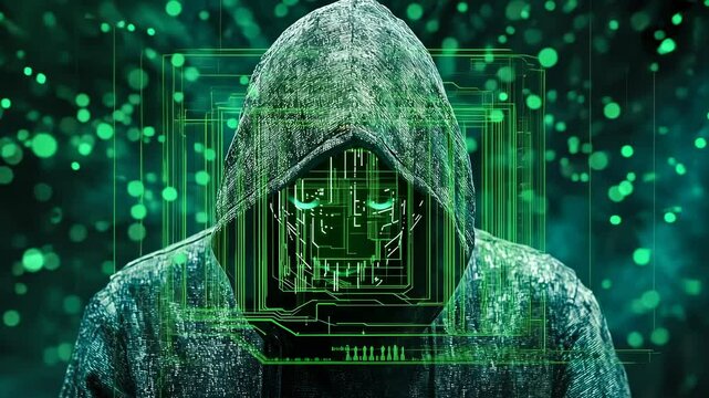 Hooded figure digital rain night.Mysterious person futuristic mask.Coding interface glows dark ambiance.Hood obscures face shadowy setting.Neon green binary code surrounds subject.Cyberpunk theme
