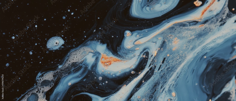 Poster swirling pattern of liquid mercury displays mesmerizing metallic effects against a dark backdrop