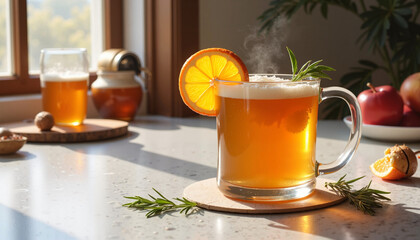 Photorealistic clear glass mug of hot apple cider with steam, garnished with orange slice and rosemary, marble countertop with honey jar and apples, bright inviting lighting [with copy space]