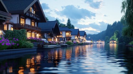 Fototapeta premium Serene riverside village with charming houses and reflective water.