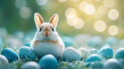 Cute bunny surrounded by colorful Easter eggs in a vibrant outdoor setting during springtime