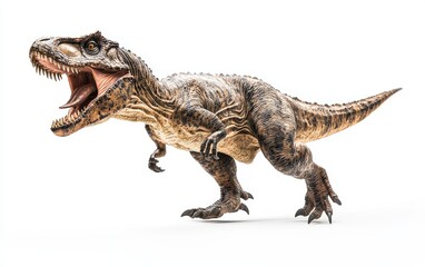Obraz premium A realistic Tyrannosaurus rex roaring, captured mid-motion on a clean white background with detailed textures and shadows