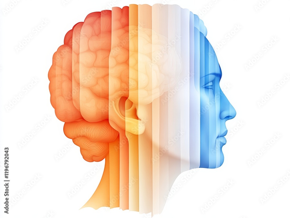 Poster futuristic illustration of a human brain segmented with bright colors and technological lines symbol