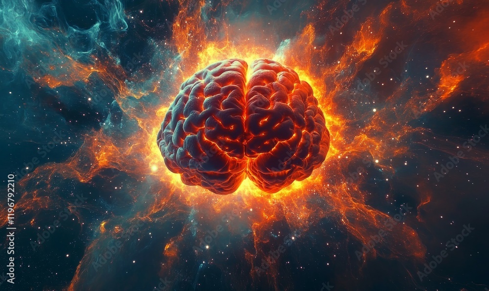 Poster brainwave symphony, concept art of a human brain exploding with knowledge and creativity.
