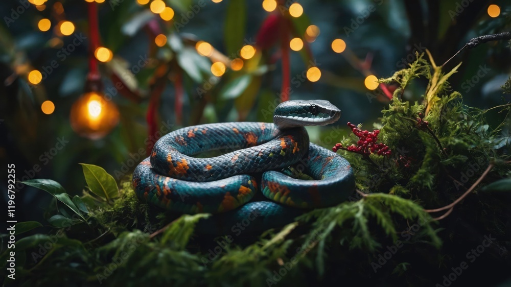 Poster a colorful snake resting on lush greenery with soft lights in the background.