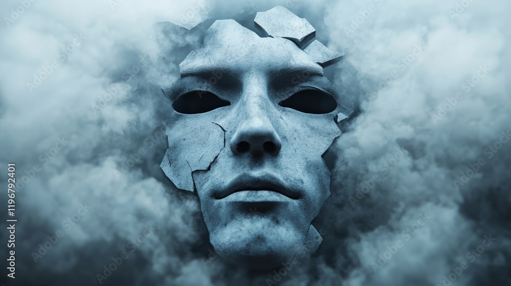 Poster a shattered mirror with fragmented reflections of a single face, surrounded by dark smoky haze, repr