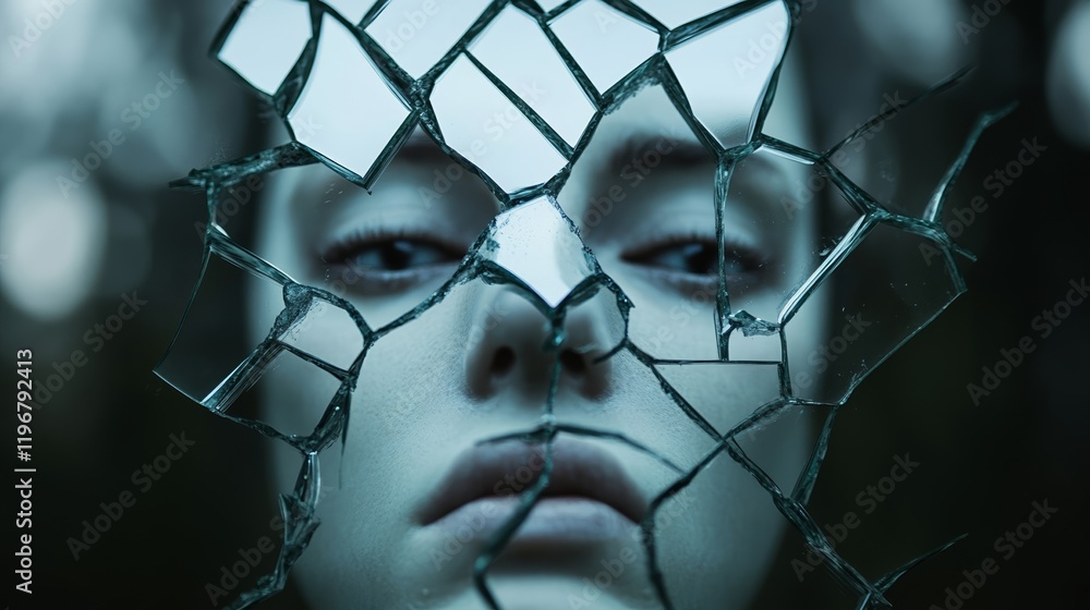 Poster a shattered mirror with fragmented reflections of a single face, surrounded by dark smoky haze, repr