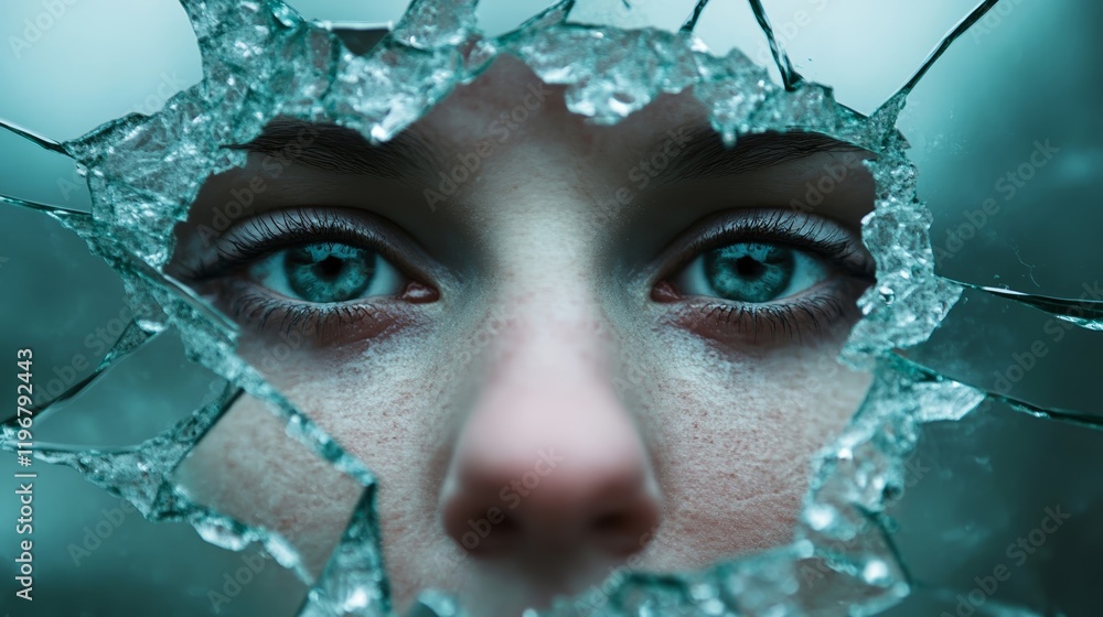 Poster a shattered mirror with fragmented reflections of a single face, surrounded by dark smoky haze, repr
