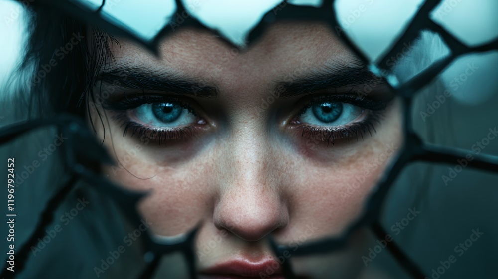 Poster a shattered mirror with fragmented reflections of a single face, surrounded by dark smoky haze, repr