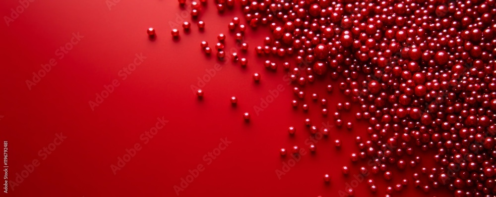 Poster bright red background with scattered red beads creating a bold visual contrast