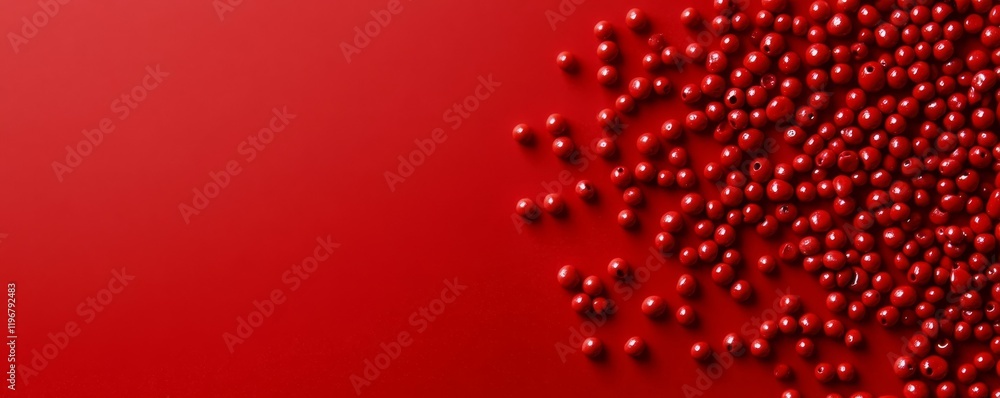 Poster bright red background with scattered red beads creating a bold visual contrast