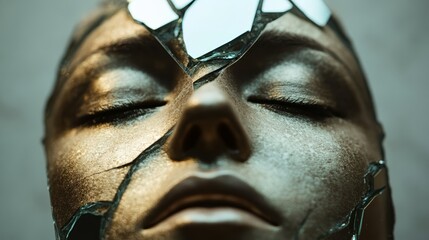 Obraz premium A shattered mirror with fragmented reflections of a single face, surrounded by dark smoky haze, representing distorted reality and confusion 