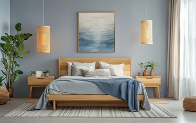 Scandinavian bedroom with clean lines, light wood nightstands, and soft ambient lighting